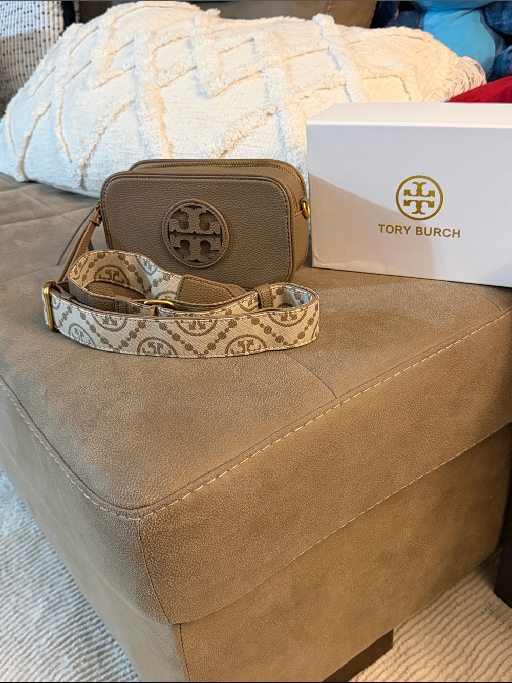 Tory Burch Taupe Leather Camera Bag with Logo Strap
